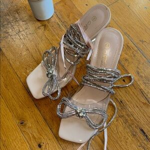 Elegant Rhinestone, Cream, and Light Pink Lace up Heels